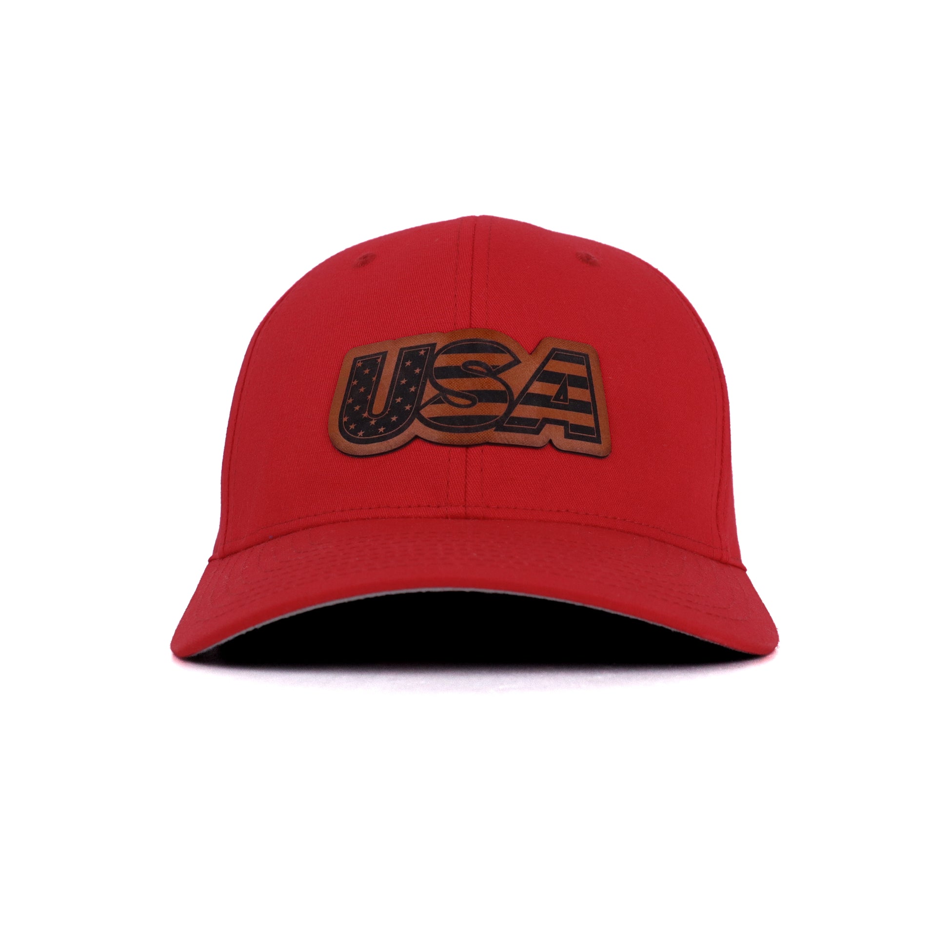Patriotic USA hat in red with leather patch logo, unisex baseball cap front view.