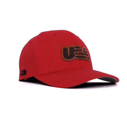 Red USA leather patch hat with patriotic stars and stripes design, angled front view.
