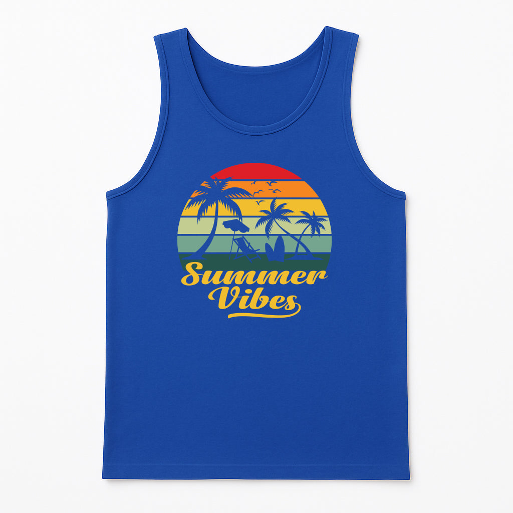 Summer Vibes blue tank top with retro sunset and palm trees graphic, tropical beach shirt for vacations, summer parties, and casual wear