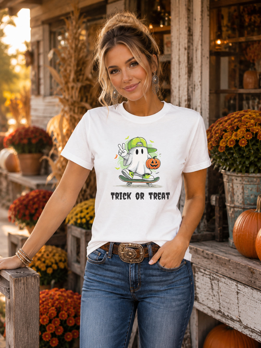 A woman wearing a white graphic t-shirt with a cartoon ghost and pumpkin on a skateboard and the text 'TRICK OR TREAT' underneath, paired with blue jeans in an autumn-themed outdoor setting.