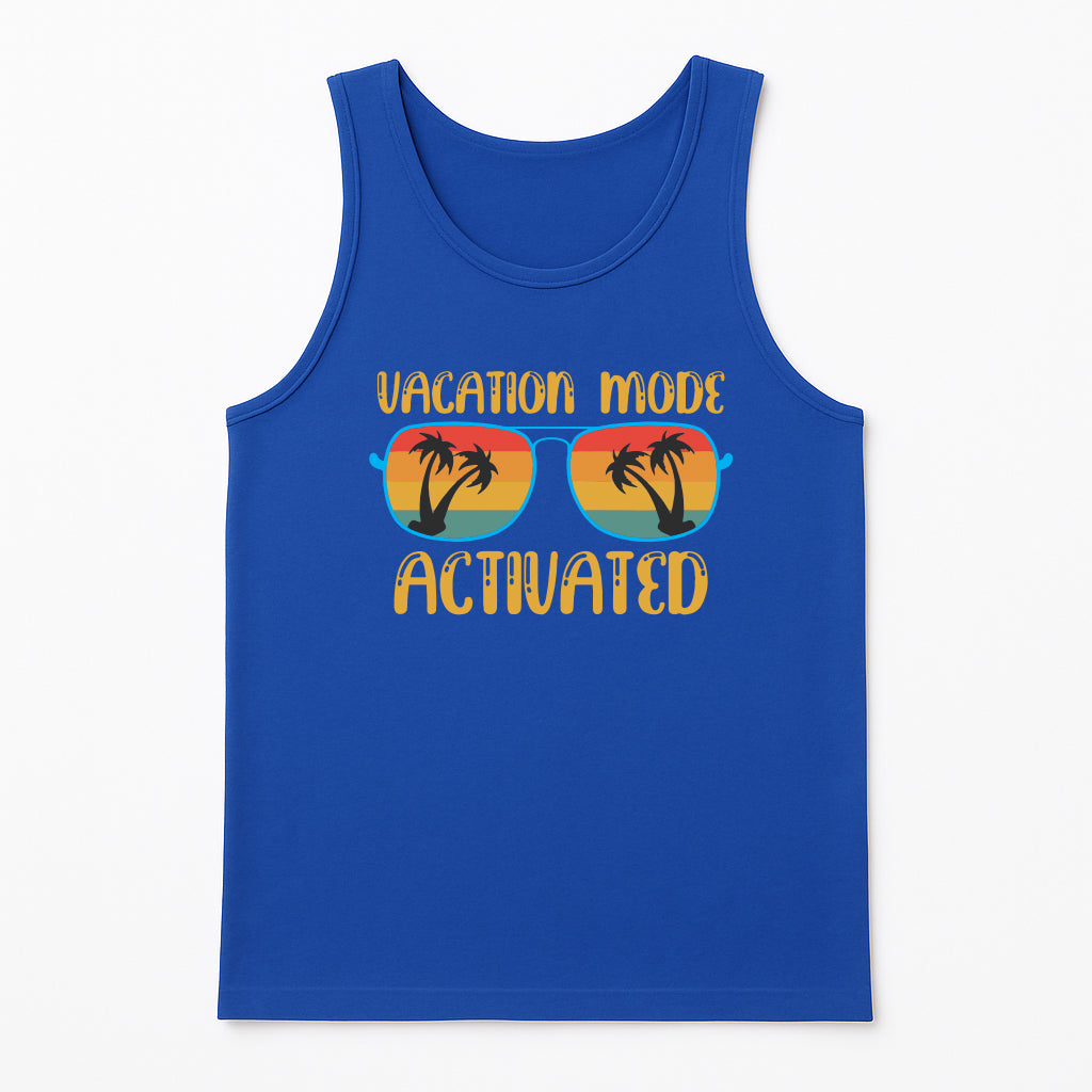 Vacation Mode Activated tank top in true royal blue, tropical sunglasses graphic with sunset and palm trees, fun summer vacation shirt for men and women