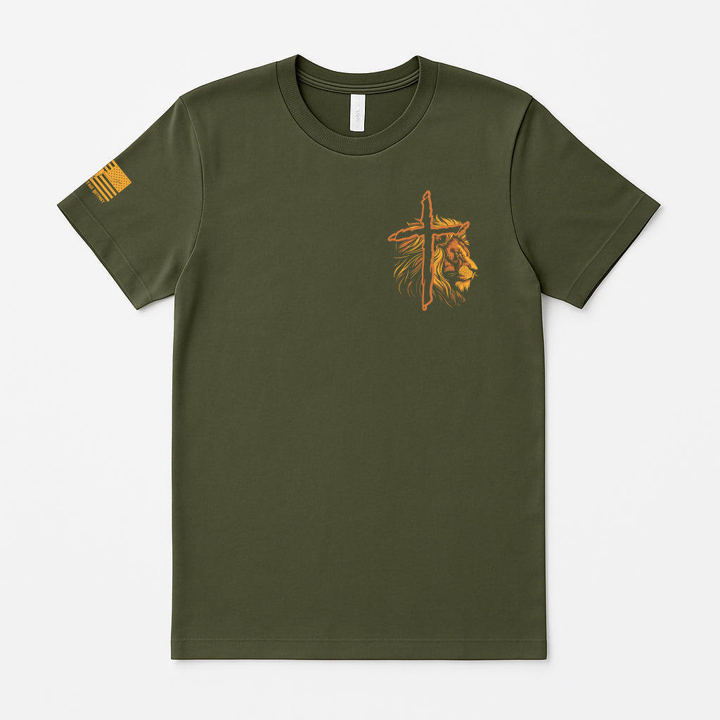 Christian t-shirt front design in army green with lion and cross graphic, Walk by Faith Bible verse shirt with American flag sleeve, religious apparel for men and women