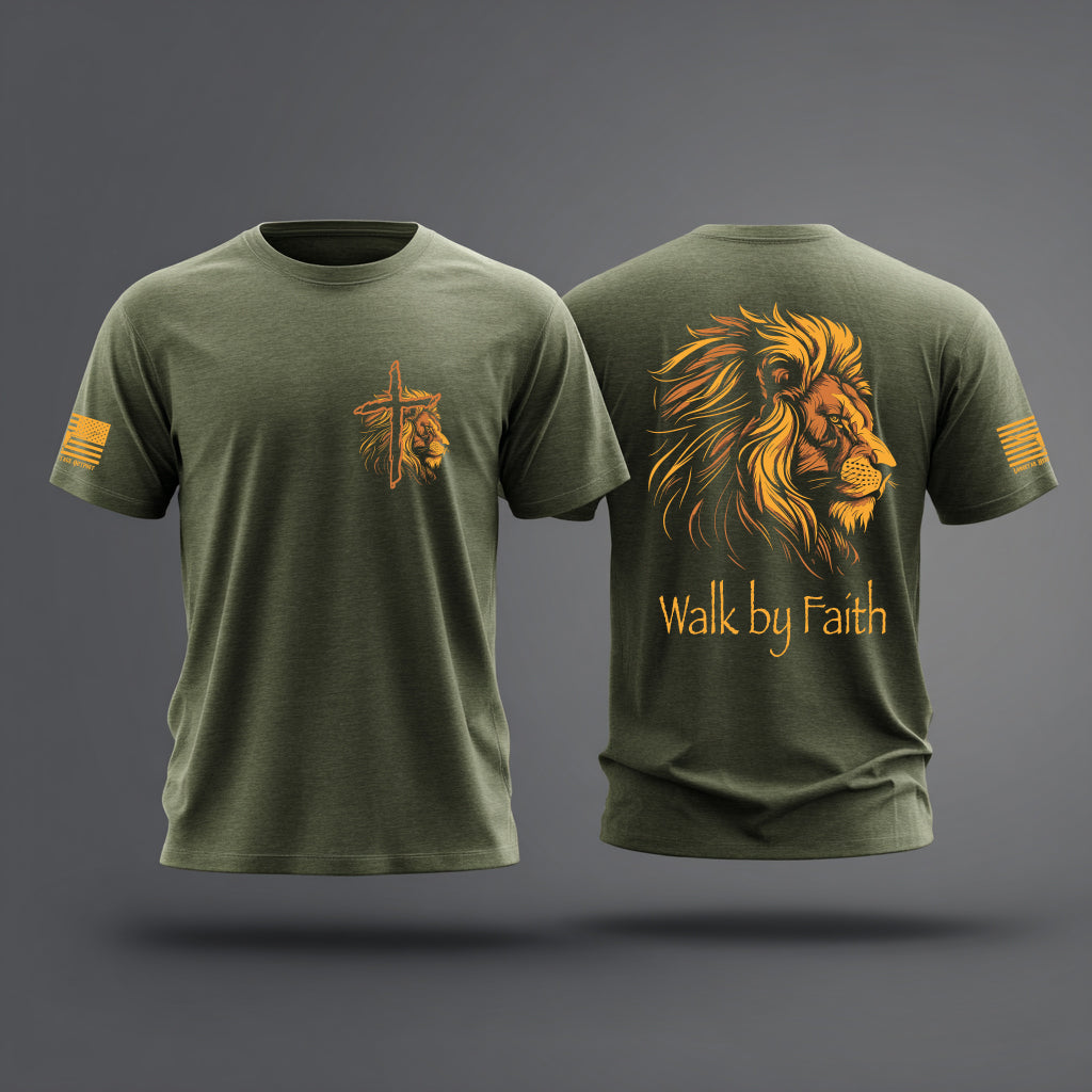 Army green Walk by Faith Christian t-shirt front and back, lion of Judah cross graphic shirt with Bible verse and patriotic sleeve flag, faith-based apparel for men and women