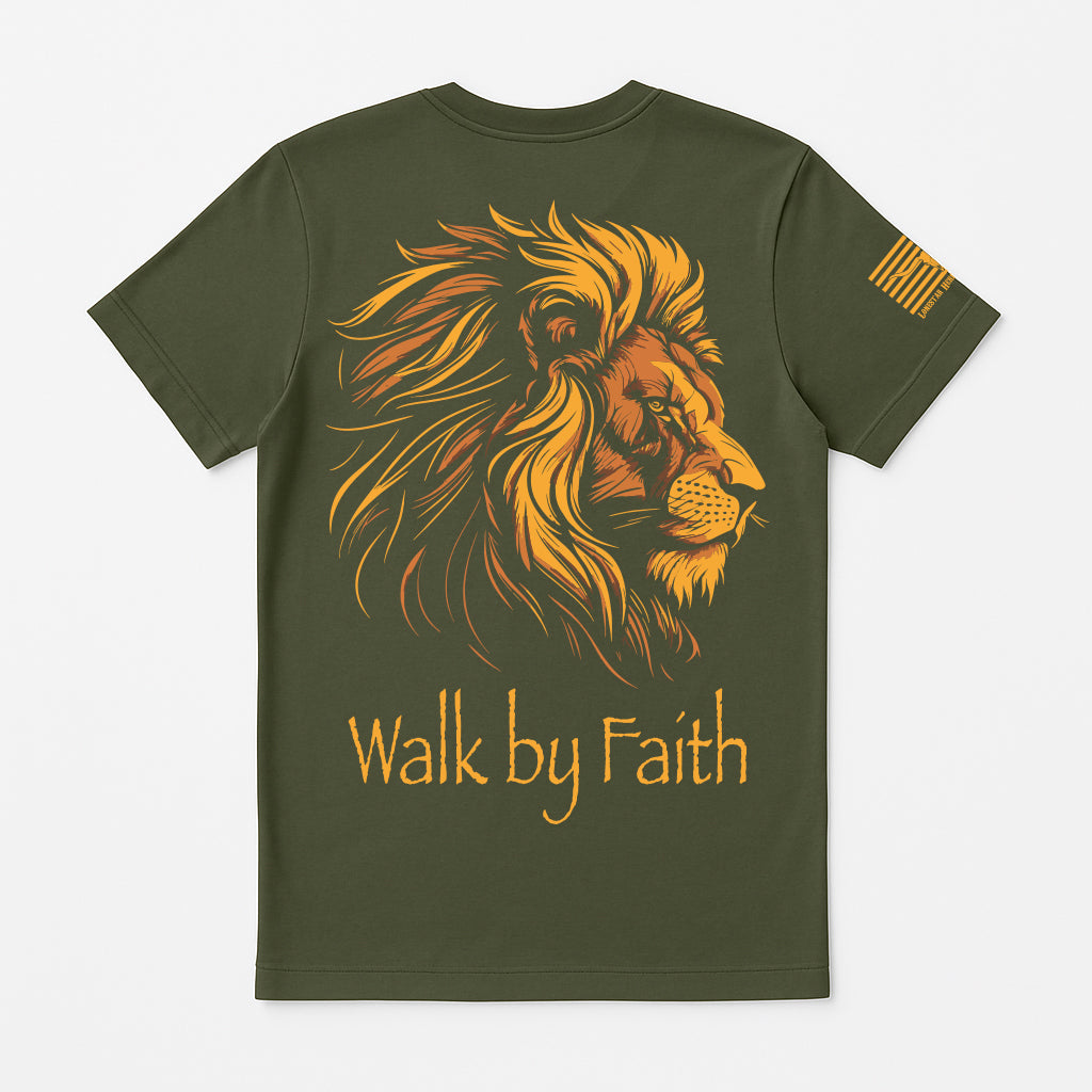 Walk by Faith lion of Judah t-shirt in army green, Christian Bible verse shirt with bold lion graphic and patriotic sleeve flag, religious faith apparel for men and women