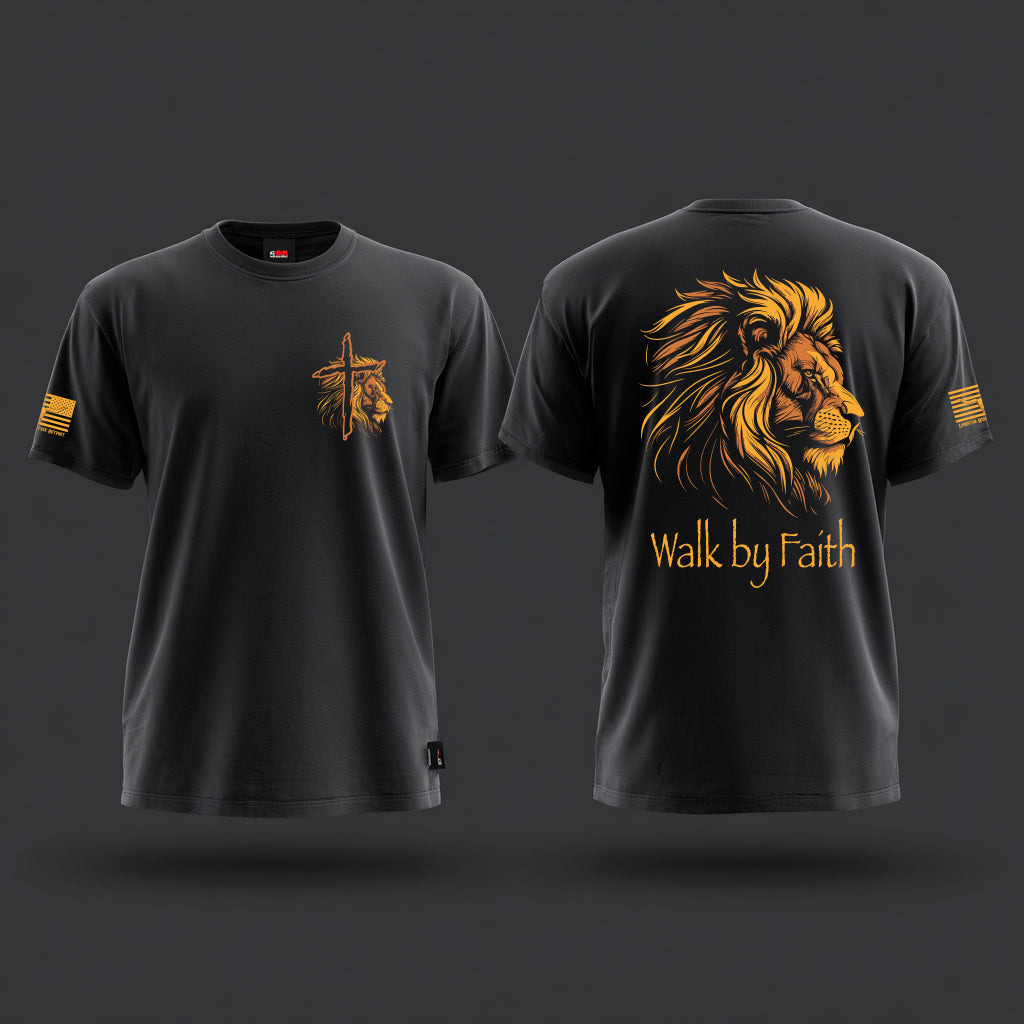 Christian graphic t-shirt with bold lion and cross design, Walk by Faith Bible verse shirt, faith-based apparel for men and women, patriotic sleeve flag print, religious lion of Judah shirt made in Texas