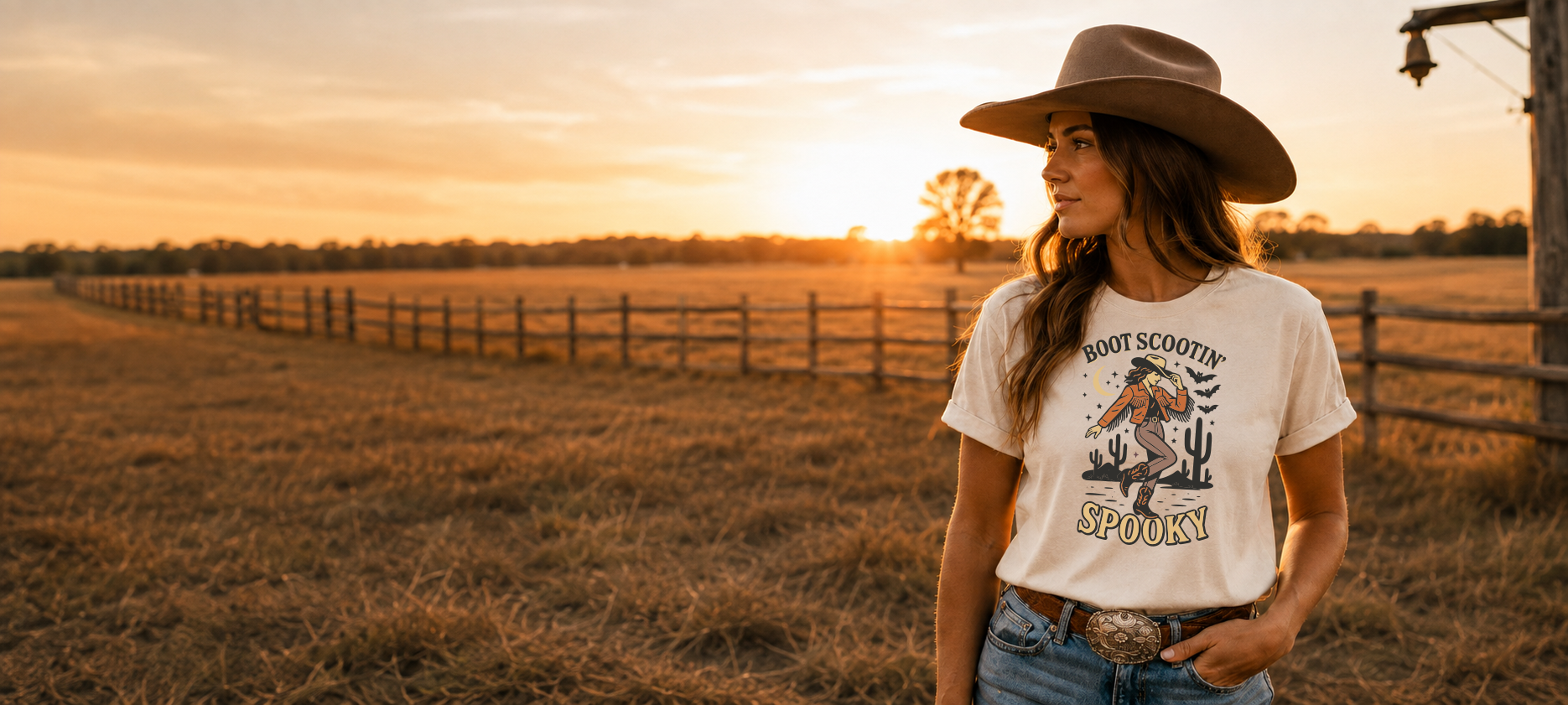 A woman wearing a brown cowboy hat and a cream graphic t-shirt with 'Boot Scootin' Spooky printed on the front, standing in a grassy field at sunset with a wooden fence in the background.