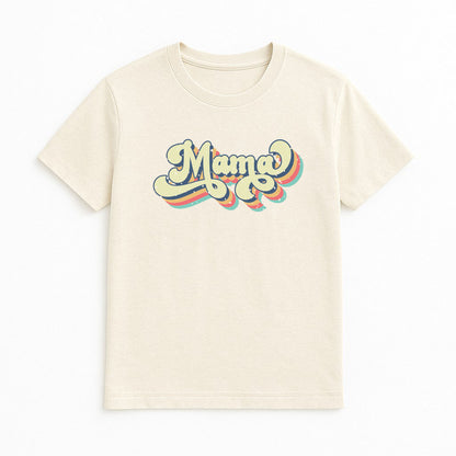 Beige t-shirt with 'Mama' text on a white background