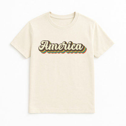 Beige t-shirt with 'America' text on a white background