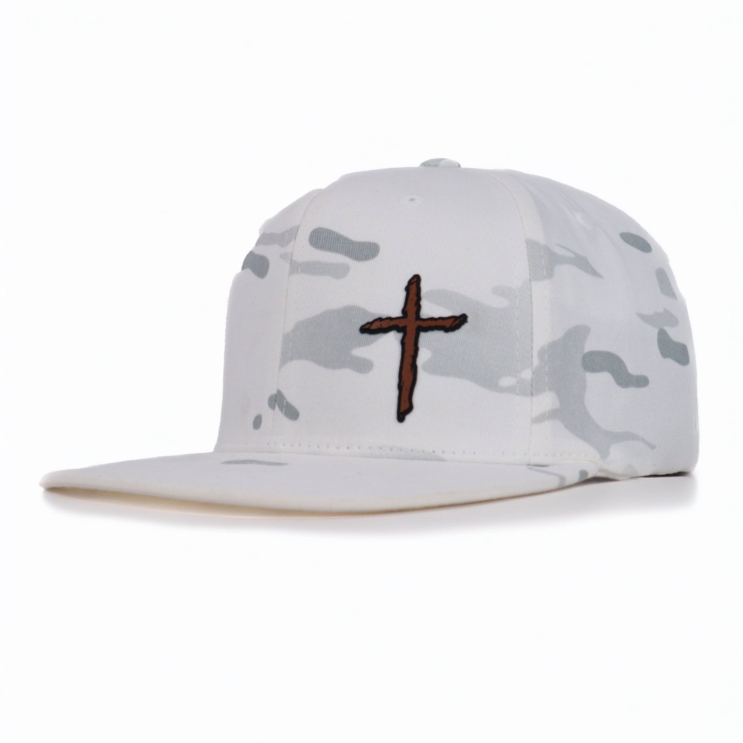 Camouflage-patterned cap with a brown cross on a white background