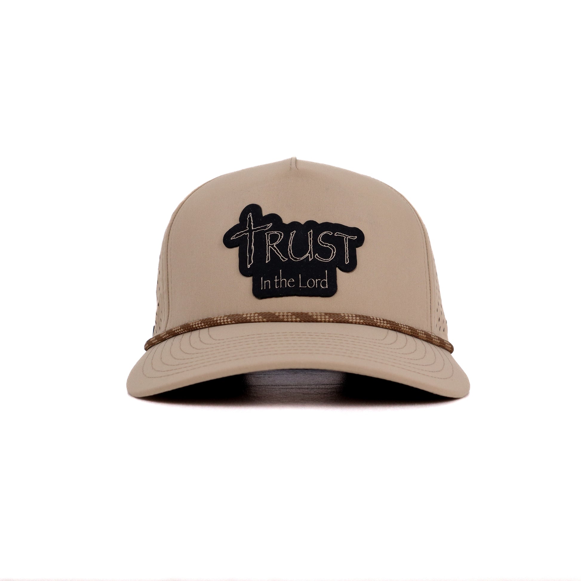 Beige cap with 'Trust in the Lord' embroidery on a white background