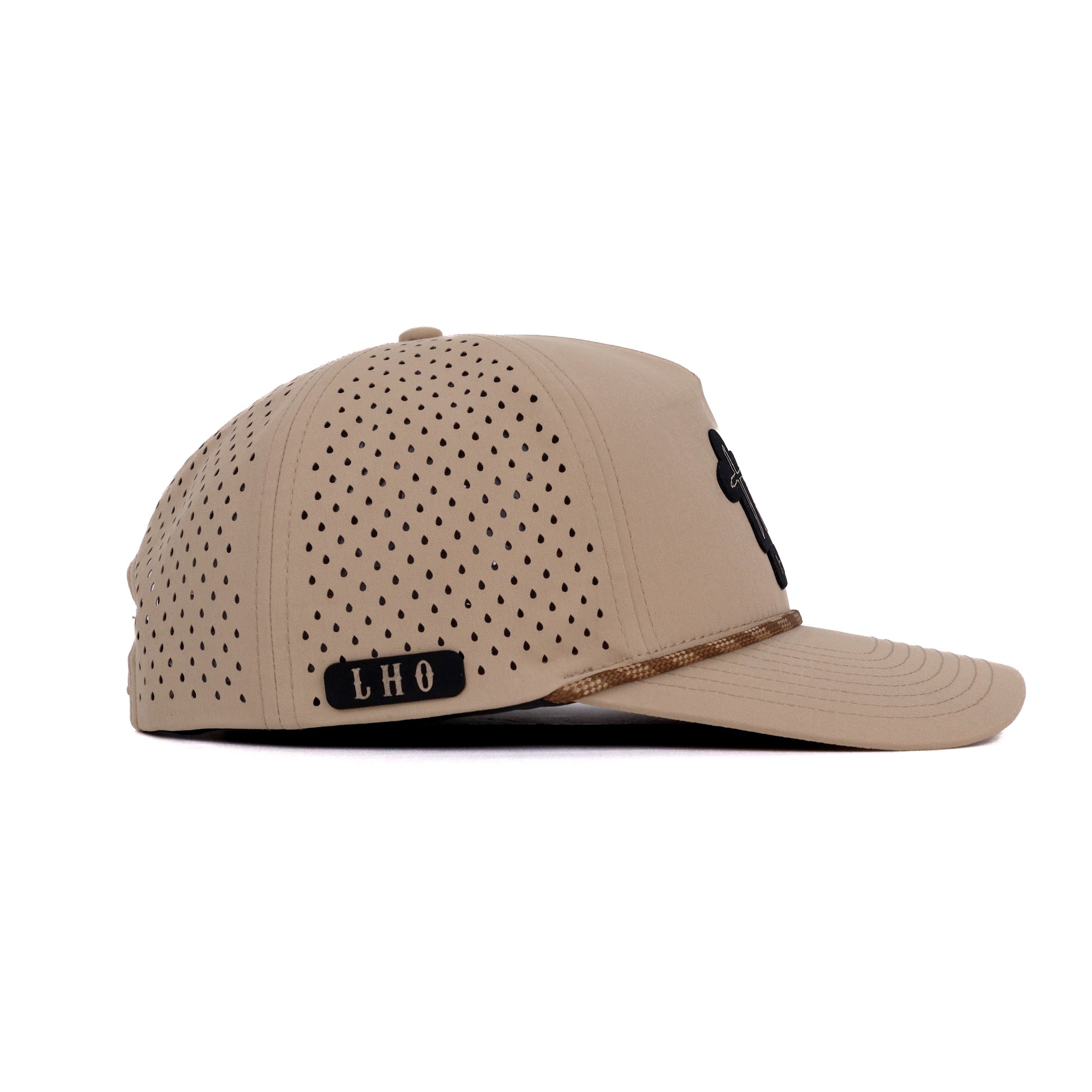 Beige cap with black perforated pattern and 'LHO' logo on a white background