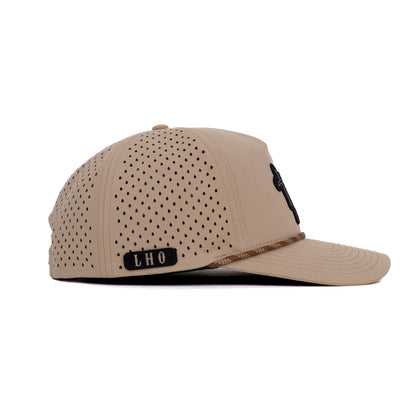 Beige cap with black perforated pattern and 'LHO' logo on a white background