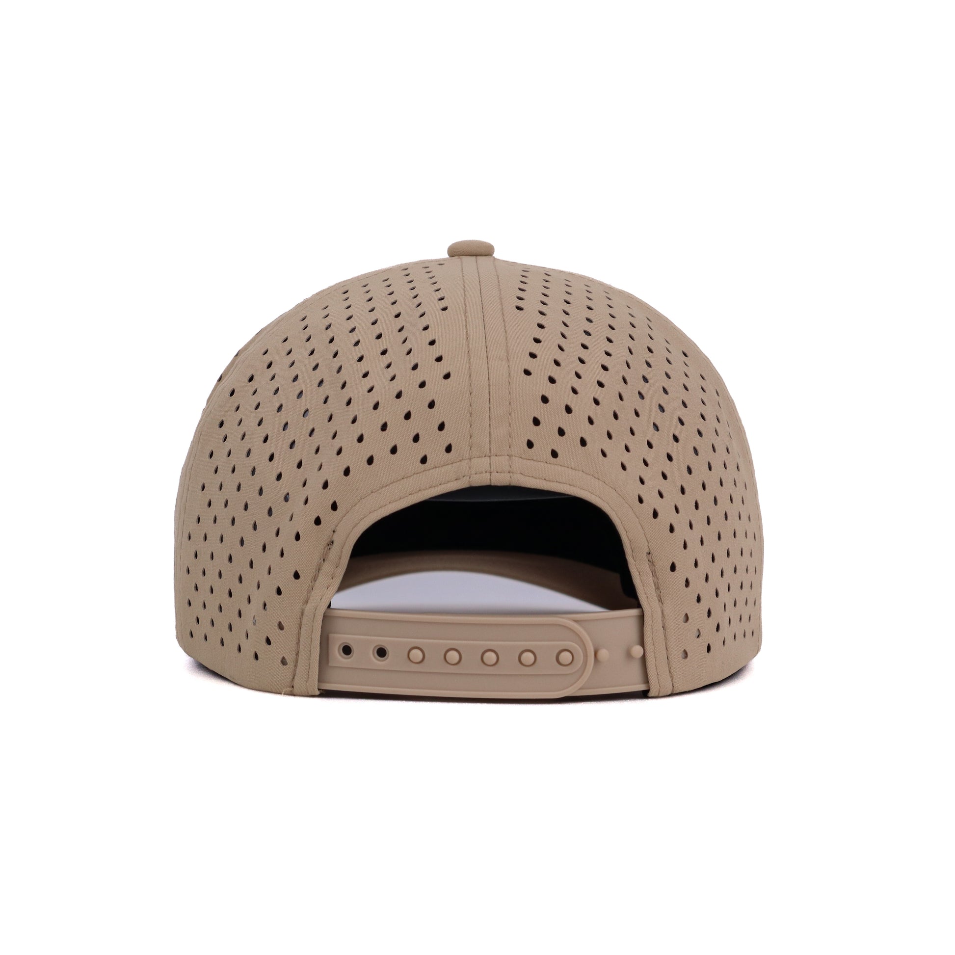 Beige cap with perforated design on a white background
