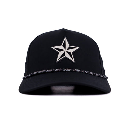 Black cap with a white star design on a white background
