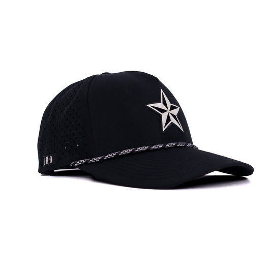 Black cap with a white star design on a white background