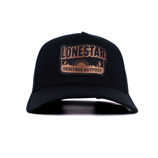 Black cap with 'Lonestar Heritage Outpost' patch on a white background