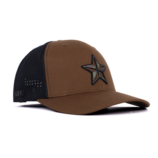 Brown trucker cap with black mesh back and star logo on a white background