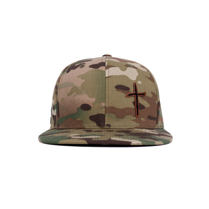 Camouflage cap with a cross emblem on a white background