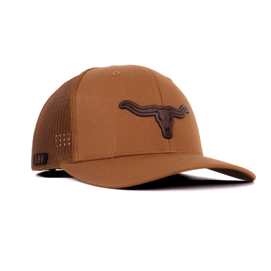 Brown trucker cap with a logo on a white background
