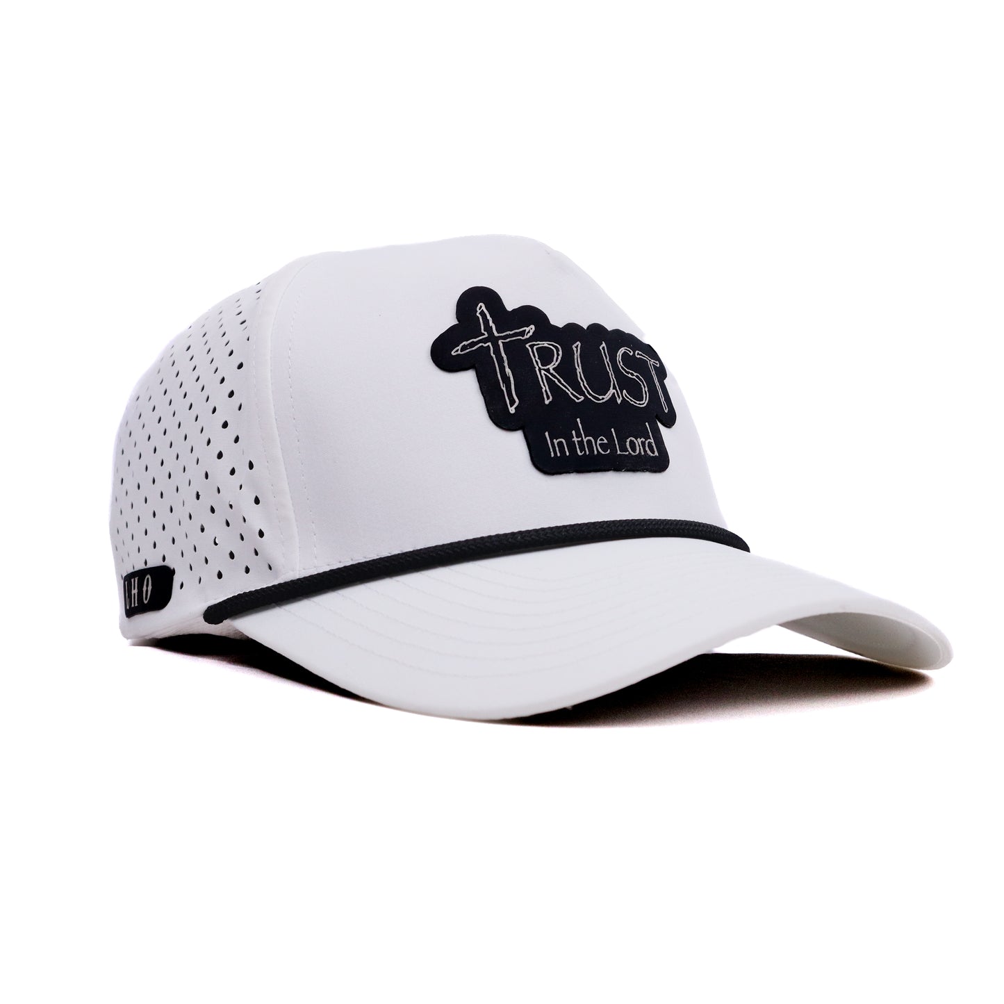 White cap with 'Trust In The Lord' text on a white background