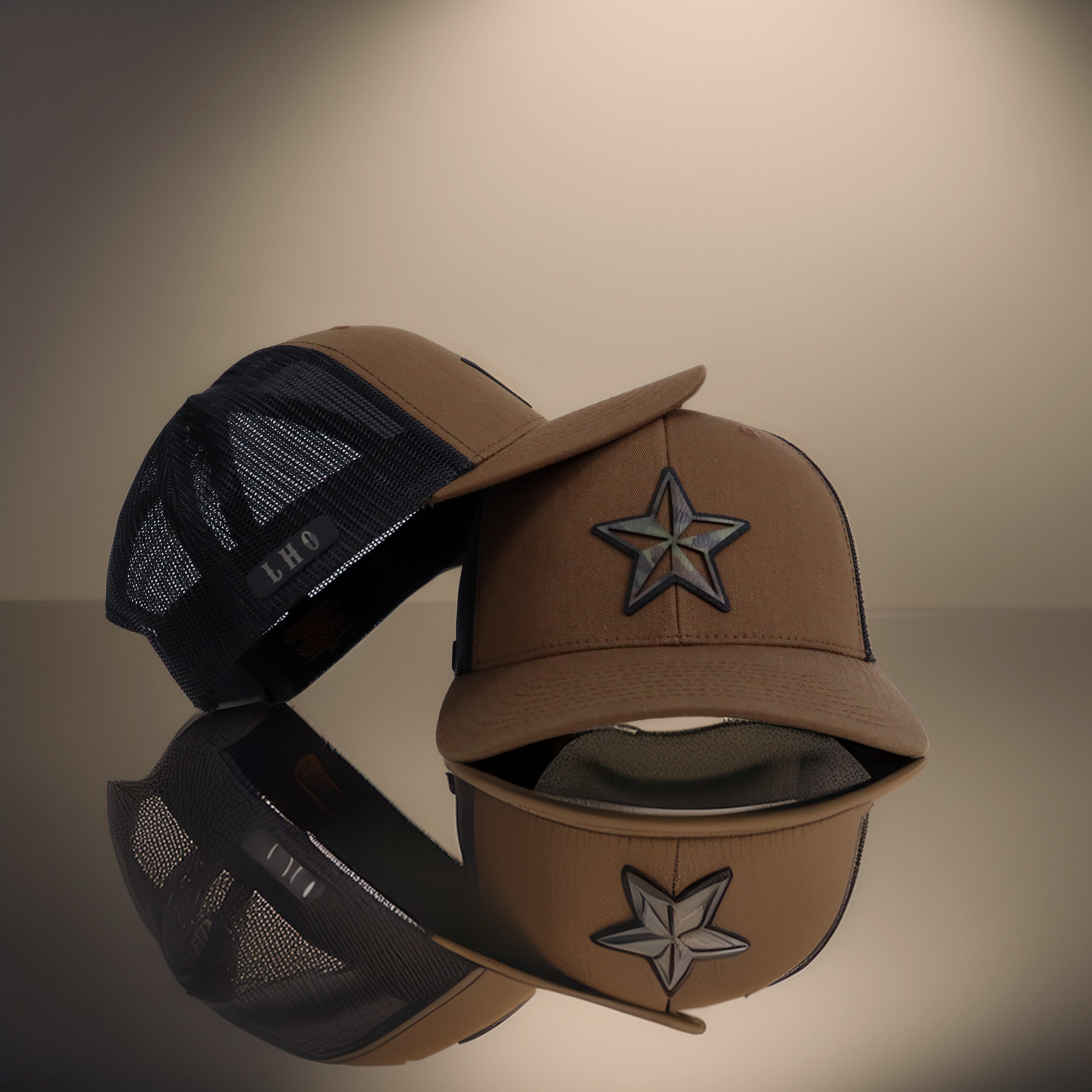 Trucker hat — 3D star patch in tan mesh back — Lonestar Heritage Outpost