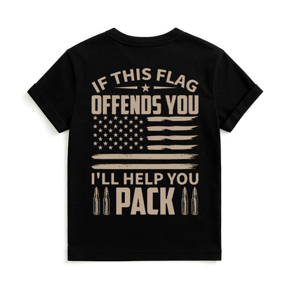 Black t-shirt with American flag graphic and text on a white background