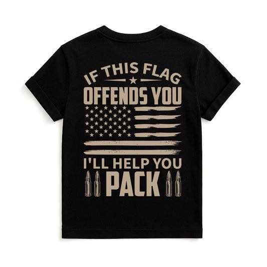 Black t-shirt with American flag graphic and text on a white background