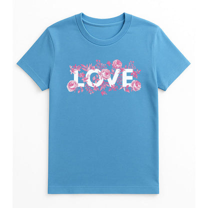 Blue t-shirt with 'LOVE' and floral design on a white background