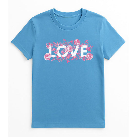 Blue t-shirt with 'LOVE' and floral design on a white background