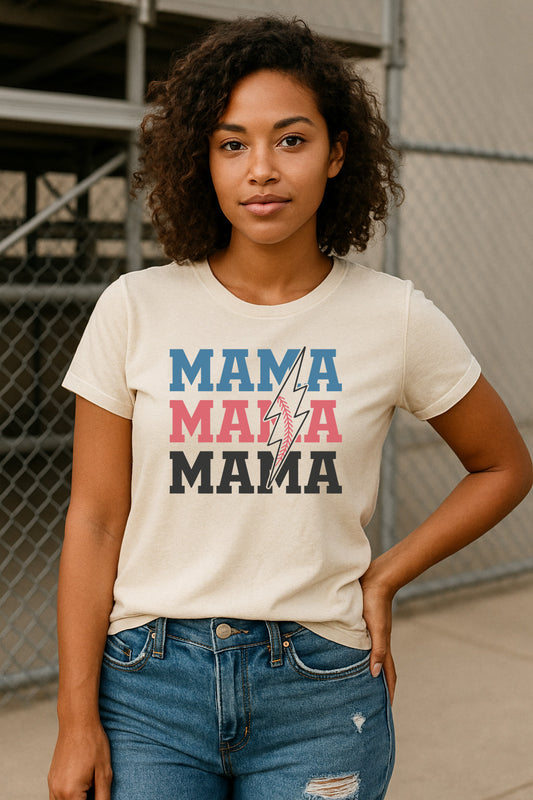 Woman wearing a 'MAMA' t-shirt with a lightning bolt graphic.