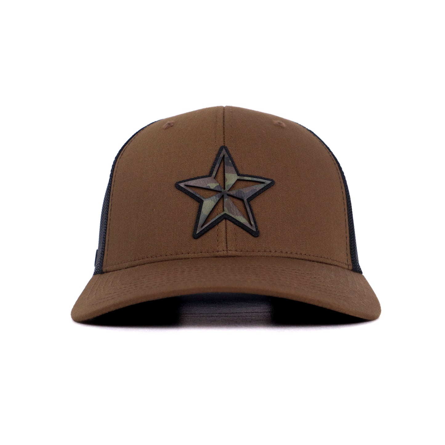 Lonestar Legend Performance Cap brown and black trucker hat with camo star leather patch – Texas snapback front view