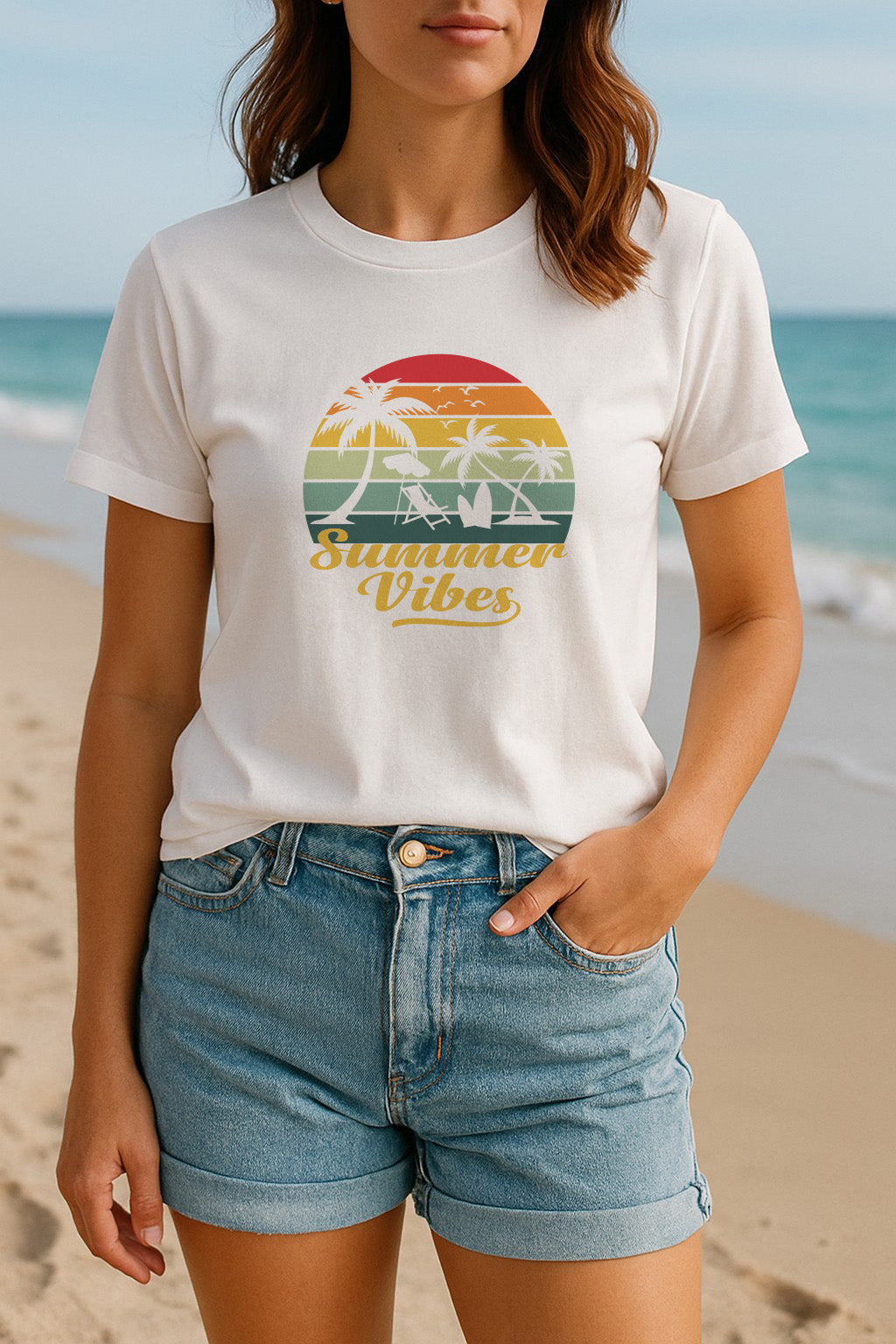 Woman wearing white Summer Vibes T-shirt with retro sunset and palm tree graphic, standing on a beach