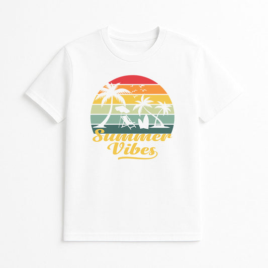 White t-shirt with 'Summer Vibes' design featuring a colorful sun and beach elements on a white background.