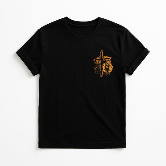 Cross + lion left-chest emblem — Walk by Faith tee (black)