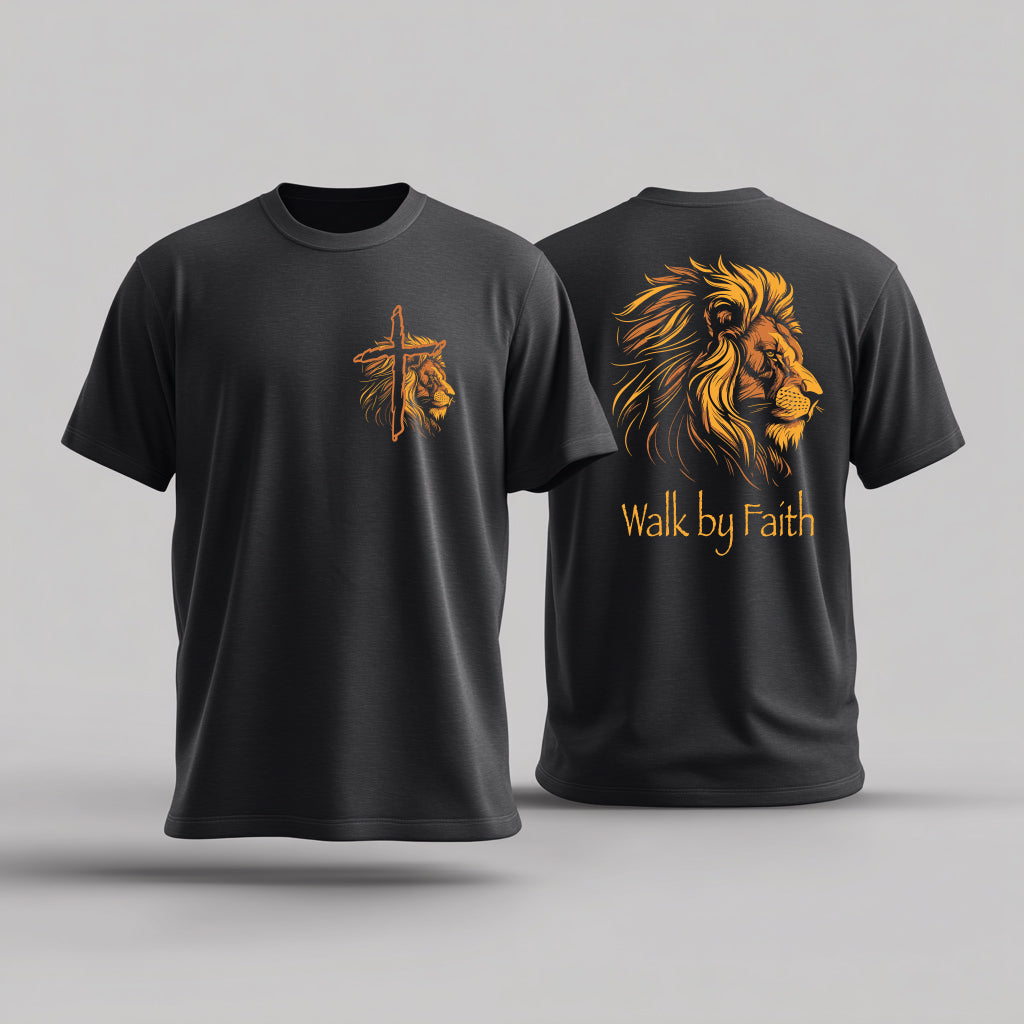 Men’s graphic T-shirt — Walk by Faith lion design, black— Lonestar Heritage Outpost