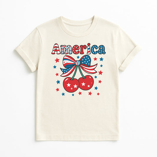 Beige America cherry graphic t-shirt with patriotic bow and stars design