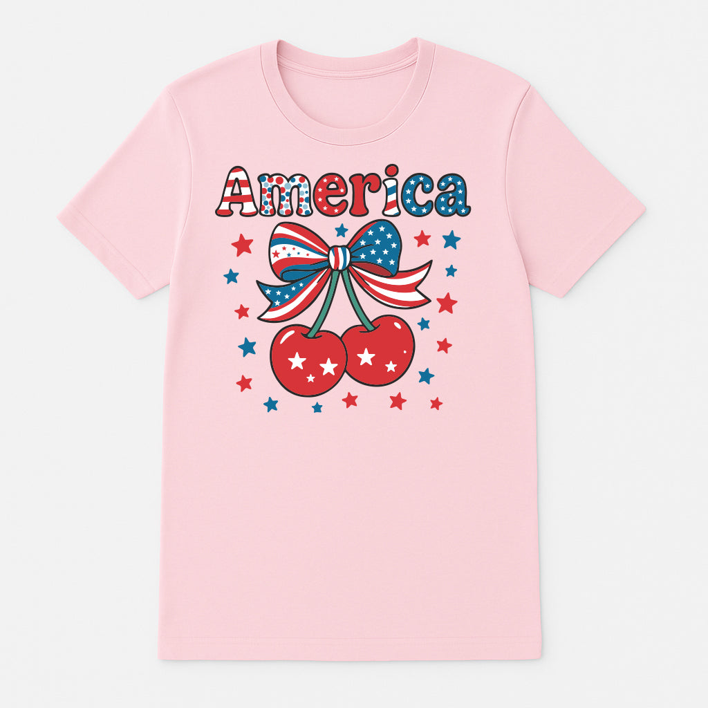 Pink America cherry graphic t-shirt with patriotic bow and stars design