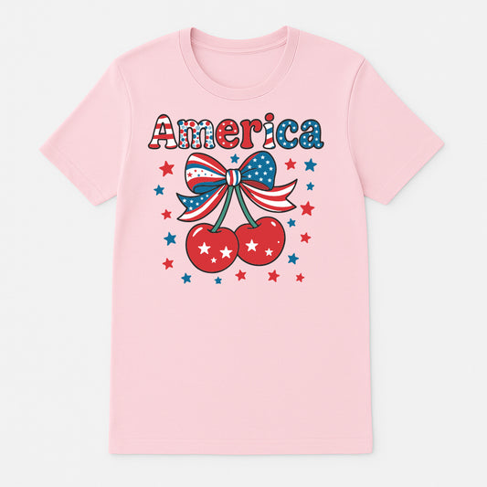 Pink America cherry graphic t-shirt with patriotic bow and stars design