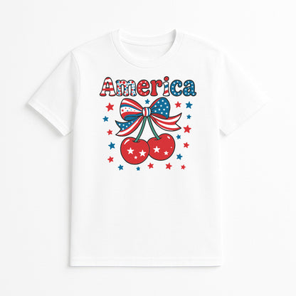 White America cherry graphic tee with red white and blue bow and stars