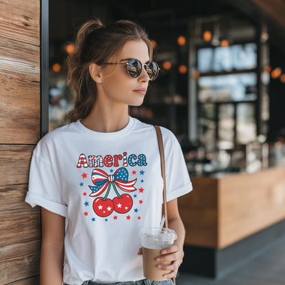 Model wearing white America cherry coquette patriotic t-shirt styled casually