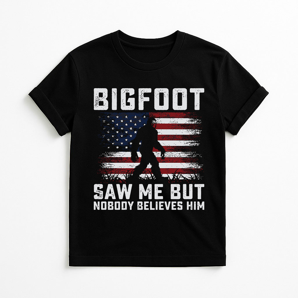 Black Bigfoot saw me but nobody believes him graphic t-shirt with American flag design