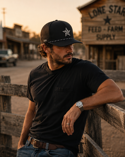 Man wearing a black Texas star performance rope hat with perforated side panels, standing against a rustic ranch fence at golden hour. Western lifestyle photography by Lonestar Heritage Outpost.