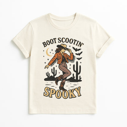 Boot Scootin Spooky Halloween t-shirt in natural color, cowgirl line dance graphic tee with desert cactus and bats, Western spooky season shirt for women