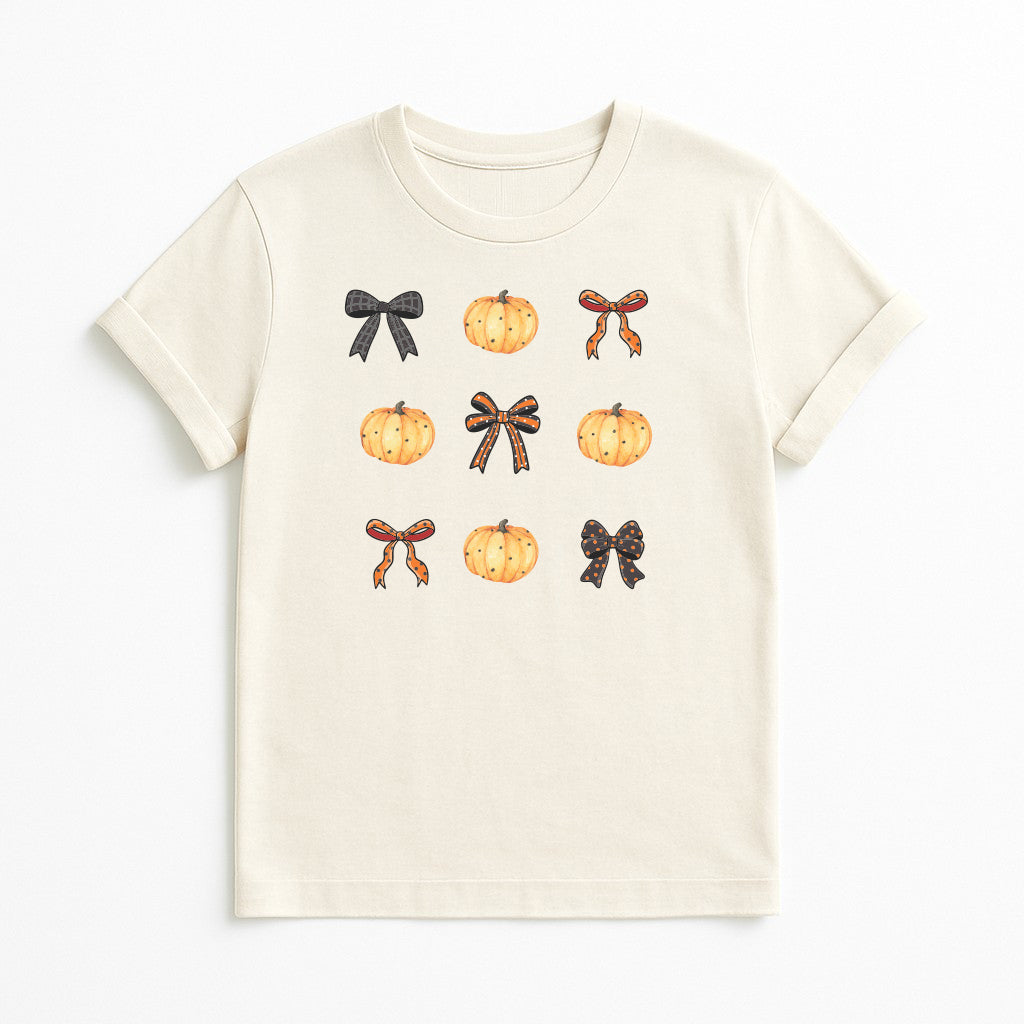 Natural-colored Bows & Boos graphic tee featuring watercolor pumpkins and festive Halloween bows arranged in a playful fall design.