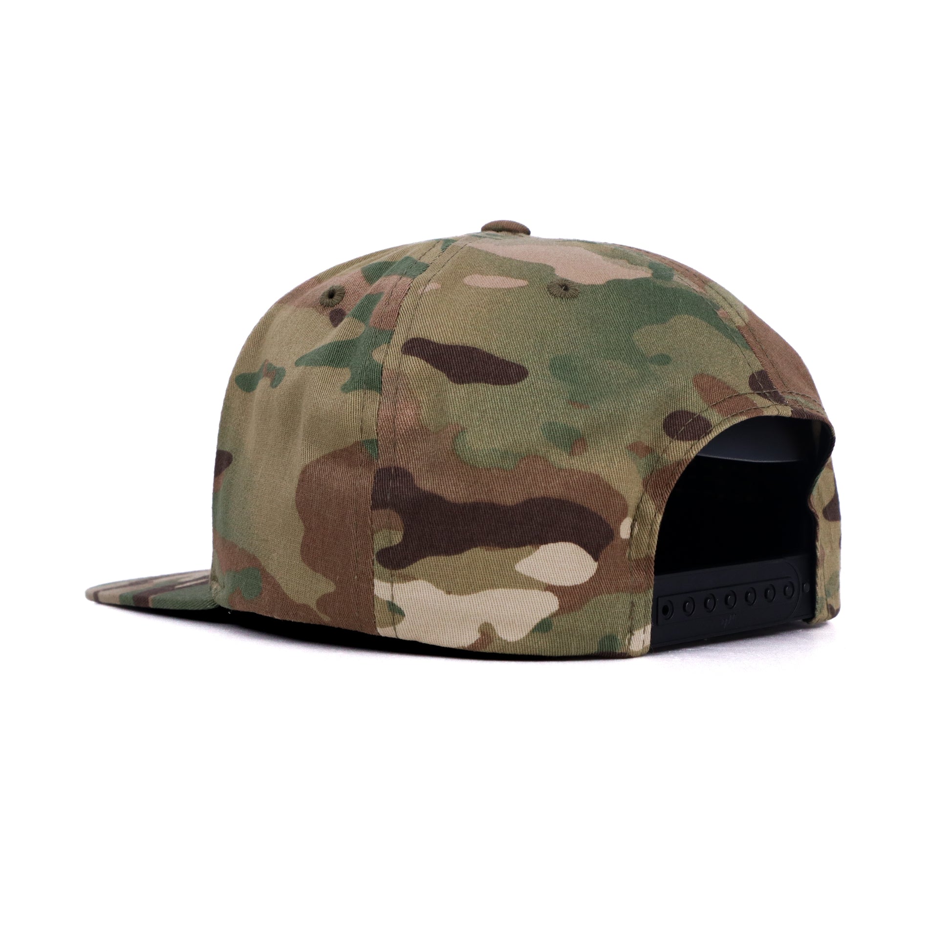 Left profile of camouflage Christian hat with cross embroidery and streetwear style design