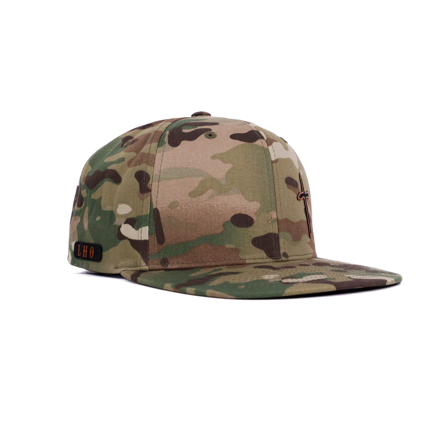 Side angle of camo cross hat with flat bill and LHO brand patch – Christian camo snapback cap