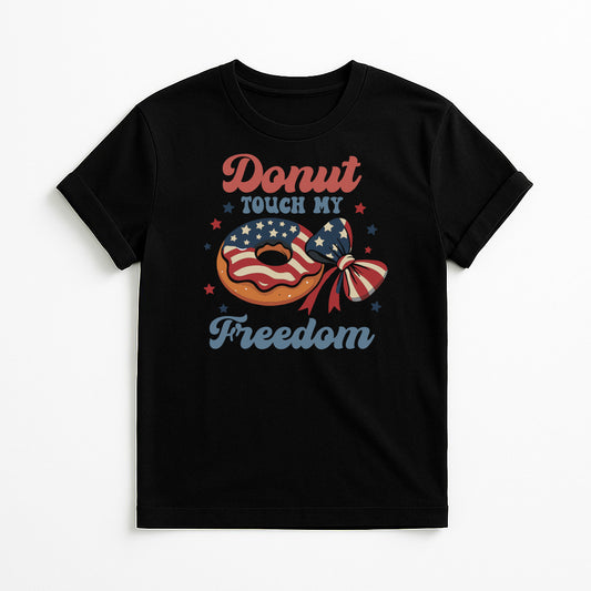 Black Donut Touch My Freedom graphic t-shirt with patriotic donut and bow design