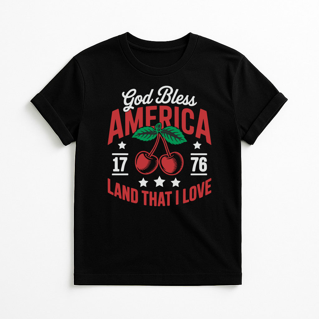 Black God Bless America cherry graphic t-shirt with 1776 design, patriotic Americana tee printed in Texas