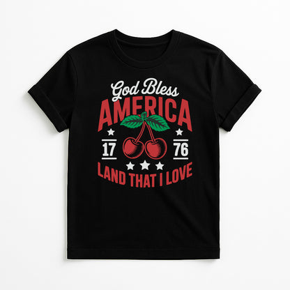 Black God Bless America cherry graphic t-shirt with 1776 design, patriotic Americana tee printed in Texas