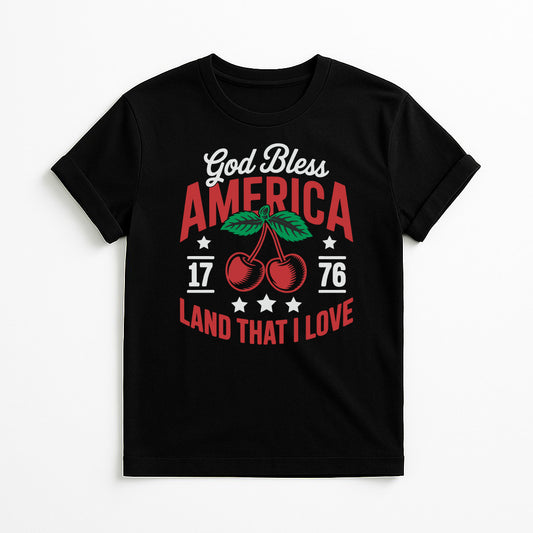 Black God Bless America cherry graphic t-shirt with 1776 design, patriotic Americana tee printed in Texas